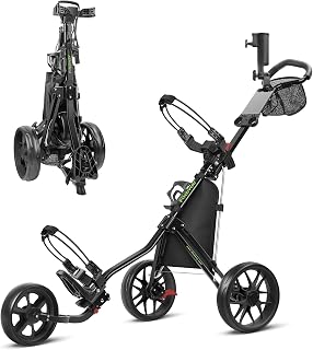 Findway Golf Push Cart 3 Wheel, Lightweight & Compact Fold Golf Bag Cart, Golf Caddy Push Carts with Foot Brake, Adjustable Handle, Mesh Bag, Storage Bag, Umbrella & Drink Holder