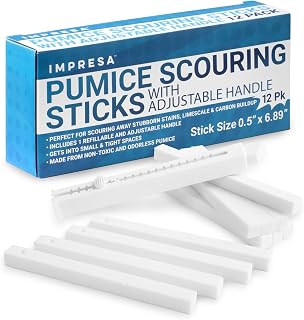 IMPRESA 12 Pack Pumice Chisel Sticks - Secure Refillable Scouring Stick Handle - Thin Cleaning Stone for Tight Spaces - Pumice Stone Toilet Bowl Cleaner & Stovetop Cleaner - White & Red