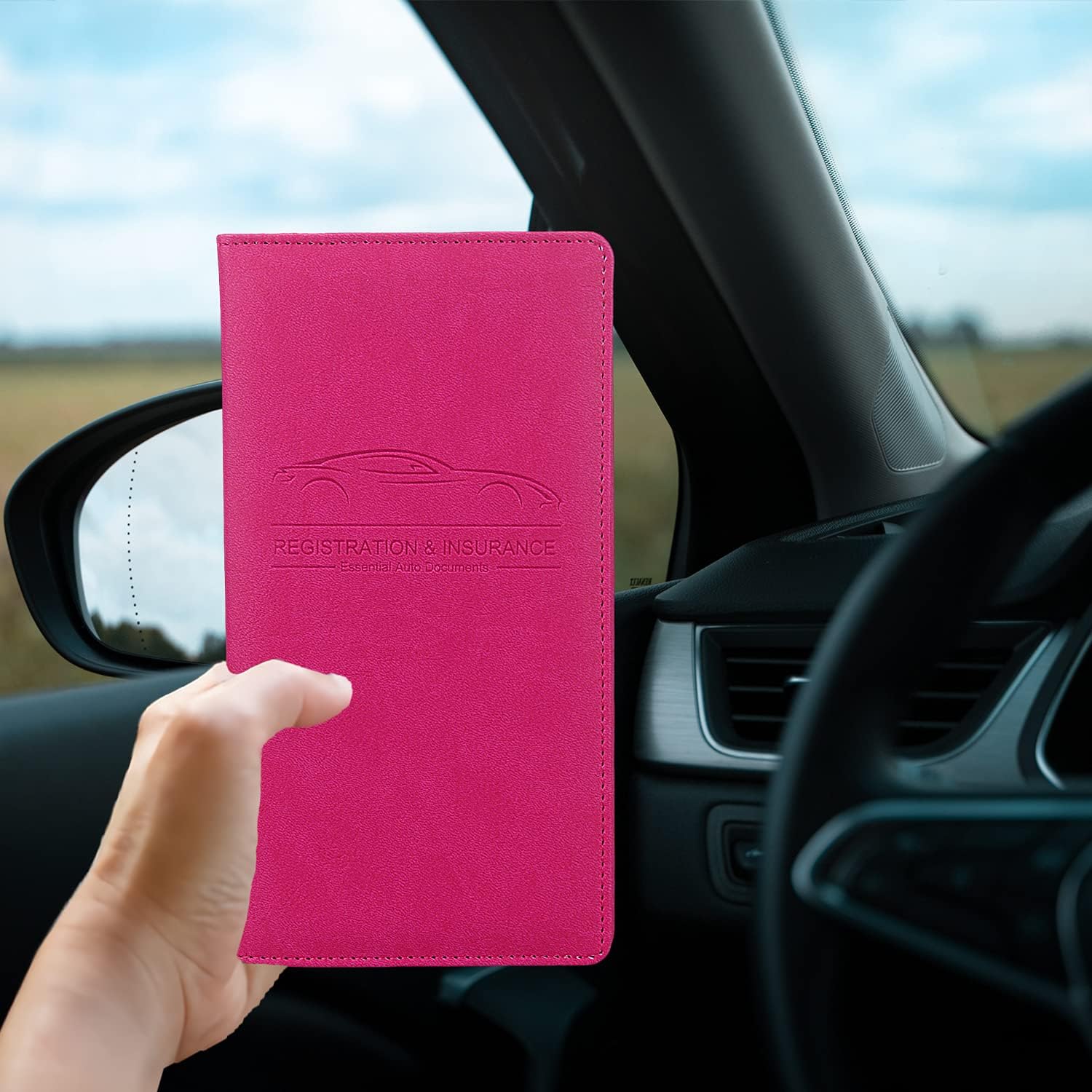 Car registration and insurance holder, rose red | vehicle license document organizer, with magnetic closure for insurance, cards & essential documents - view 5