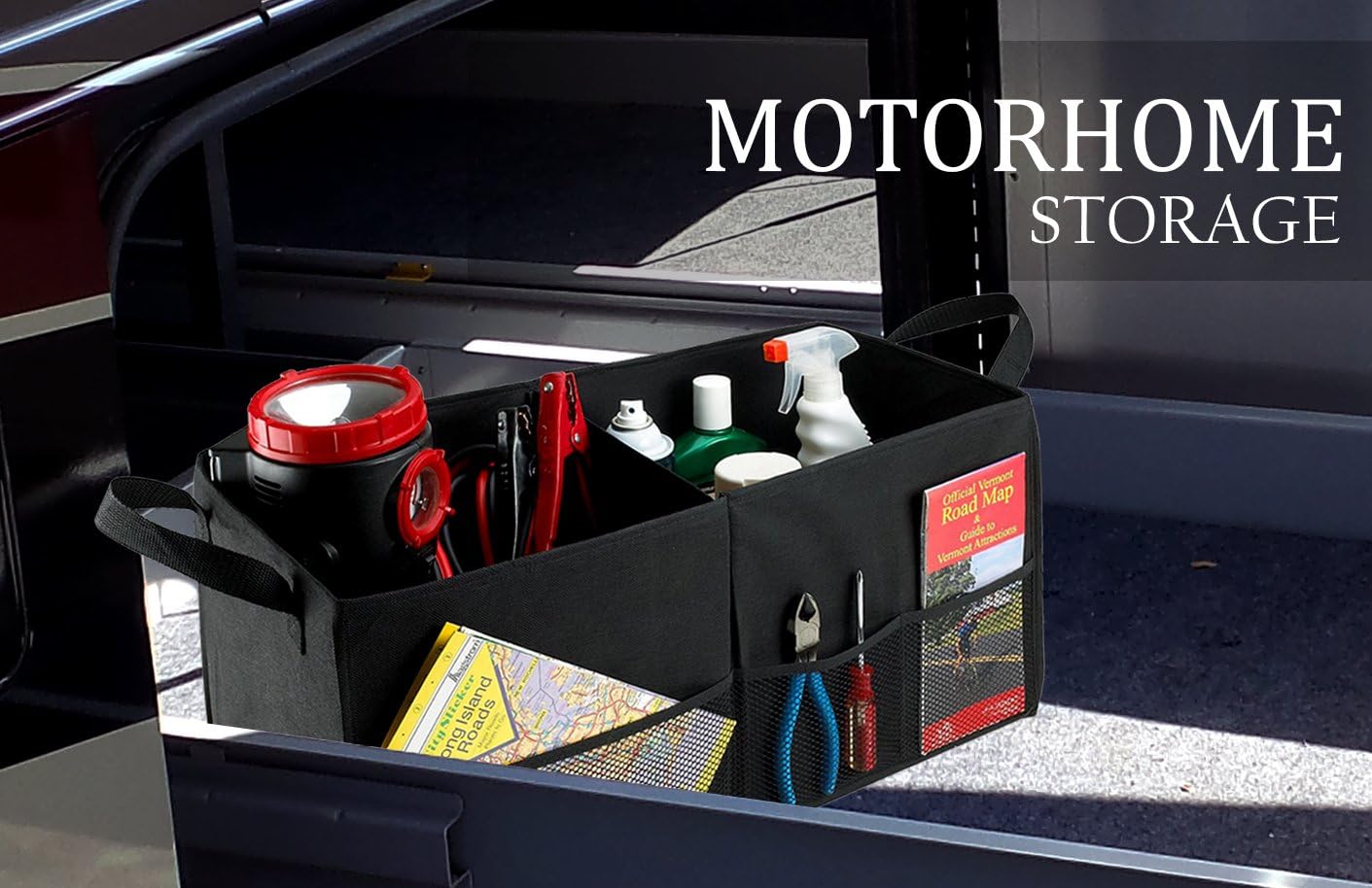 Car Trunk Organizer – Large 2 Compartment Storage Bin with Non-Slip Fastener, Mesh Side Pockets & Heavy-Duty Handles, 22 x 10 x 11 in, Black – Prevents Shifting & Rolling - view 5