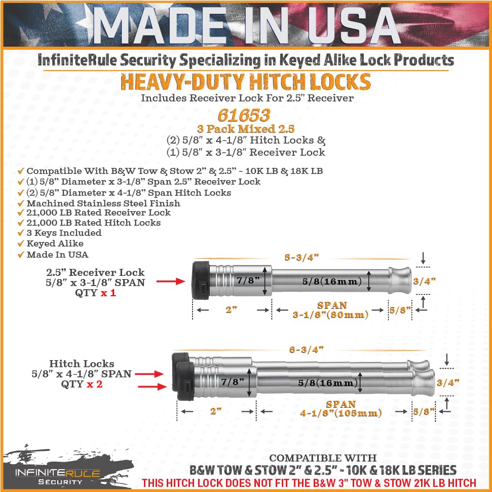 61653 | 3 Pack Mixed 2.5, Keyed Alike, Hitch Locks for B&W 2" & 2.5" Tow and Stow 10K LB & 18K LB - Includes Lock for 2.5" Receiver - view 3