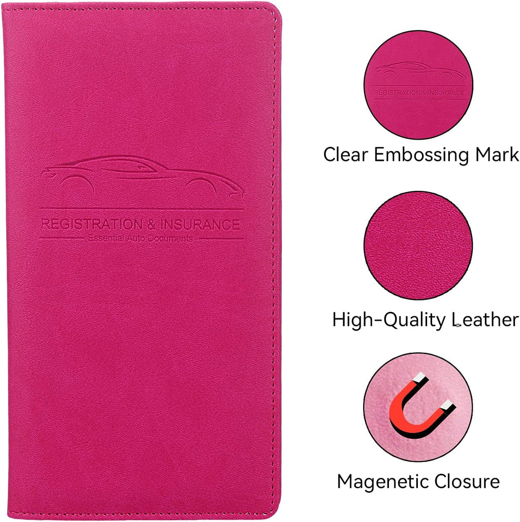 Car registration and insurance holder, rose red | vehicle license document organizer, with magnetic closure for insurance, cards & essential documents - view 3