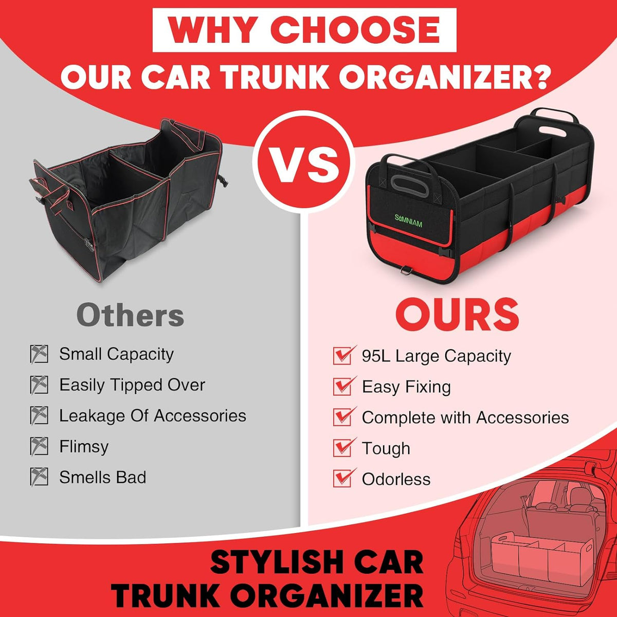 Large Trunk Organizer for Car, Foldable Multi Compartment Car Trunk Organizer with 2 Retractable Straps, Suitable for All Kinds of Cars, SUV, Minivan - 4 Compartments Red - view 5