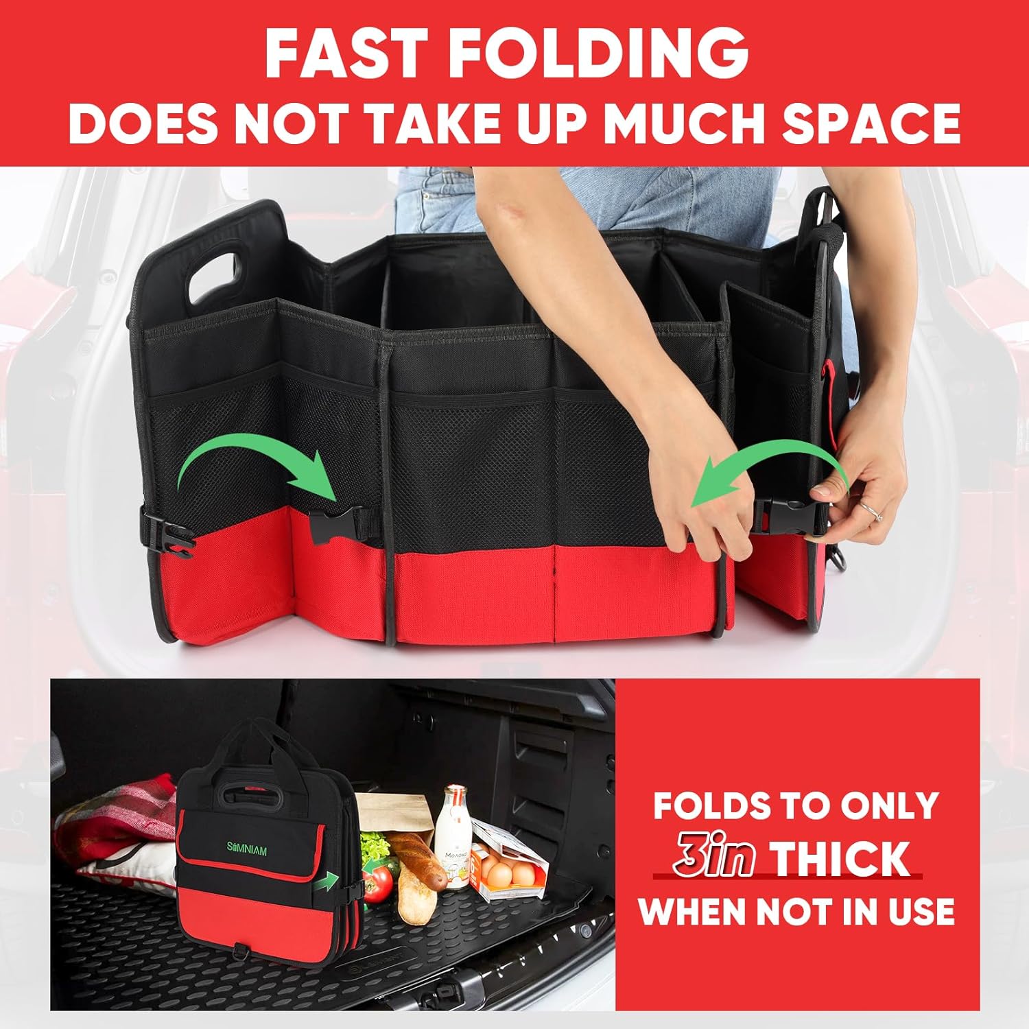 Large Trunk Organizer for Car, Foldable Multi Compartment Car Trunk Organizer with 2 Retractable Straps, Suitable for All Kinds of Cars, SUV, Minivan - 4 Compartments Red - view 6