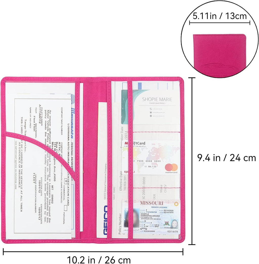 Car registration and insurance holder, rose red | vehicle license document organizer, with magnetic closure for insurance, cards & essential documents - view 2
