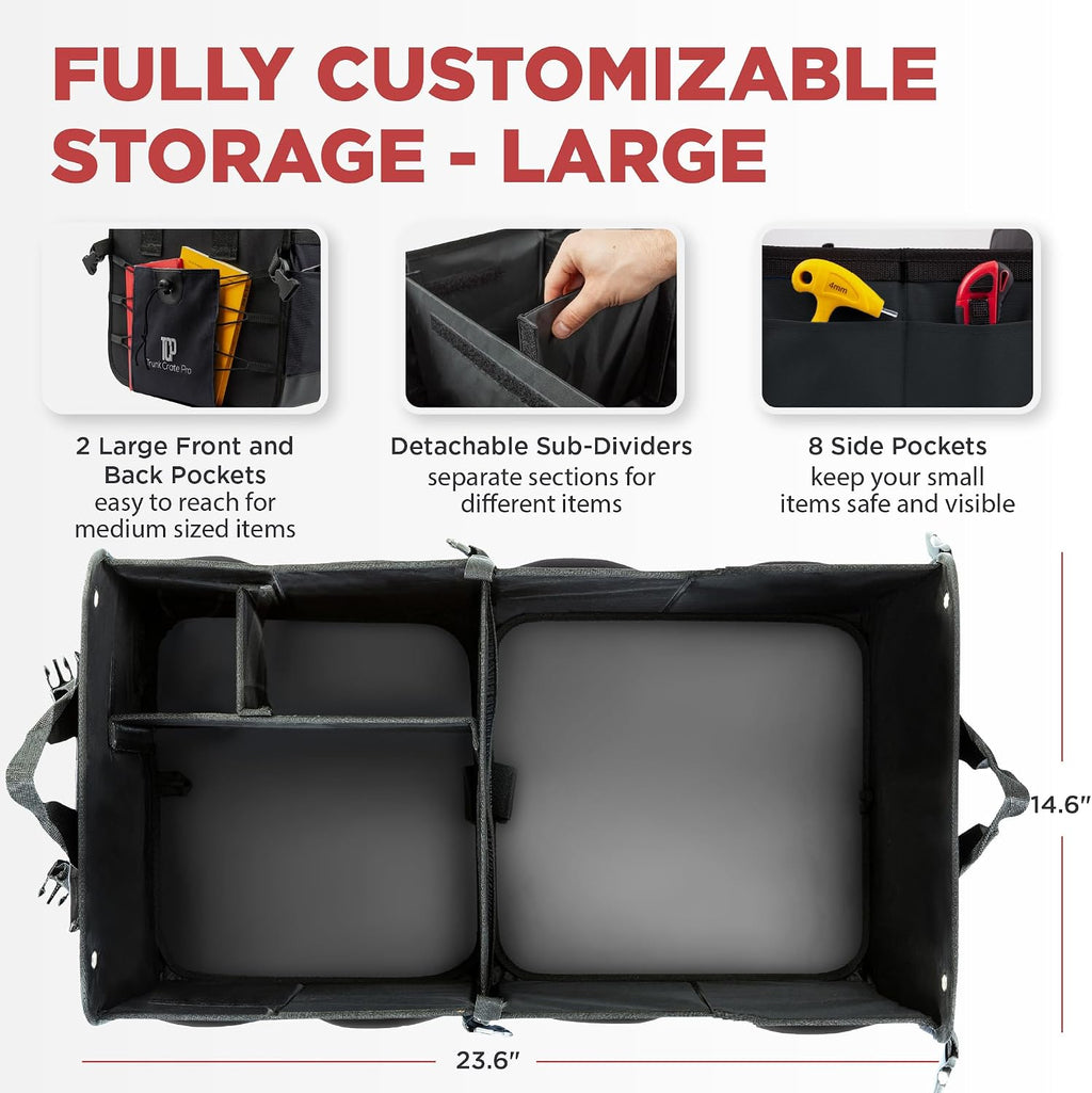 Car trunk organizer for SUV & truck cargo storage, large, black, fits cars, SUVs & trucks, 4 adjustable compartments, non-slip base & straps, foldable, 11 pockets - view 2