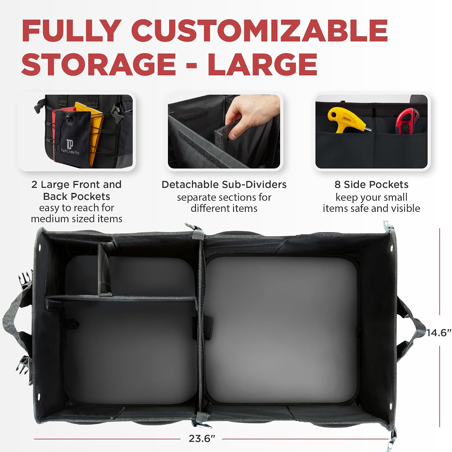 Car trunk organizer for SUV & truck cargo storage, large, black, fits cars, SUVs & trucks, 4 adjustable compartments, non-slip base & straps, foldable, 11 pockets - view 2