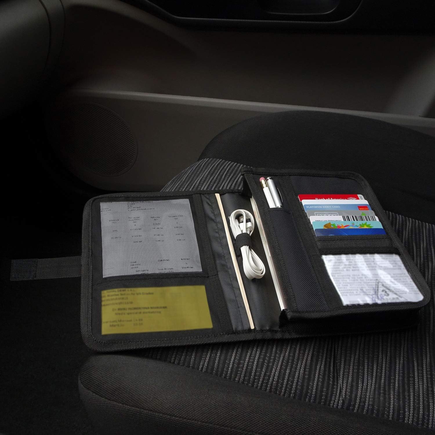 Glove box compartment organizer - car document holder - black | owner manual case pouch, vehicle storage wallet for registration and insurance card, auto paperwork holder, log book included - view 5