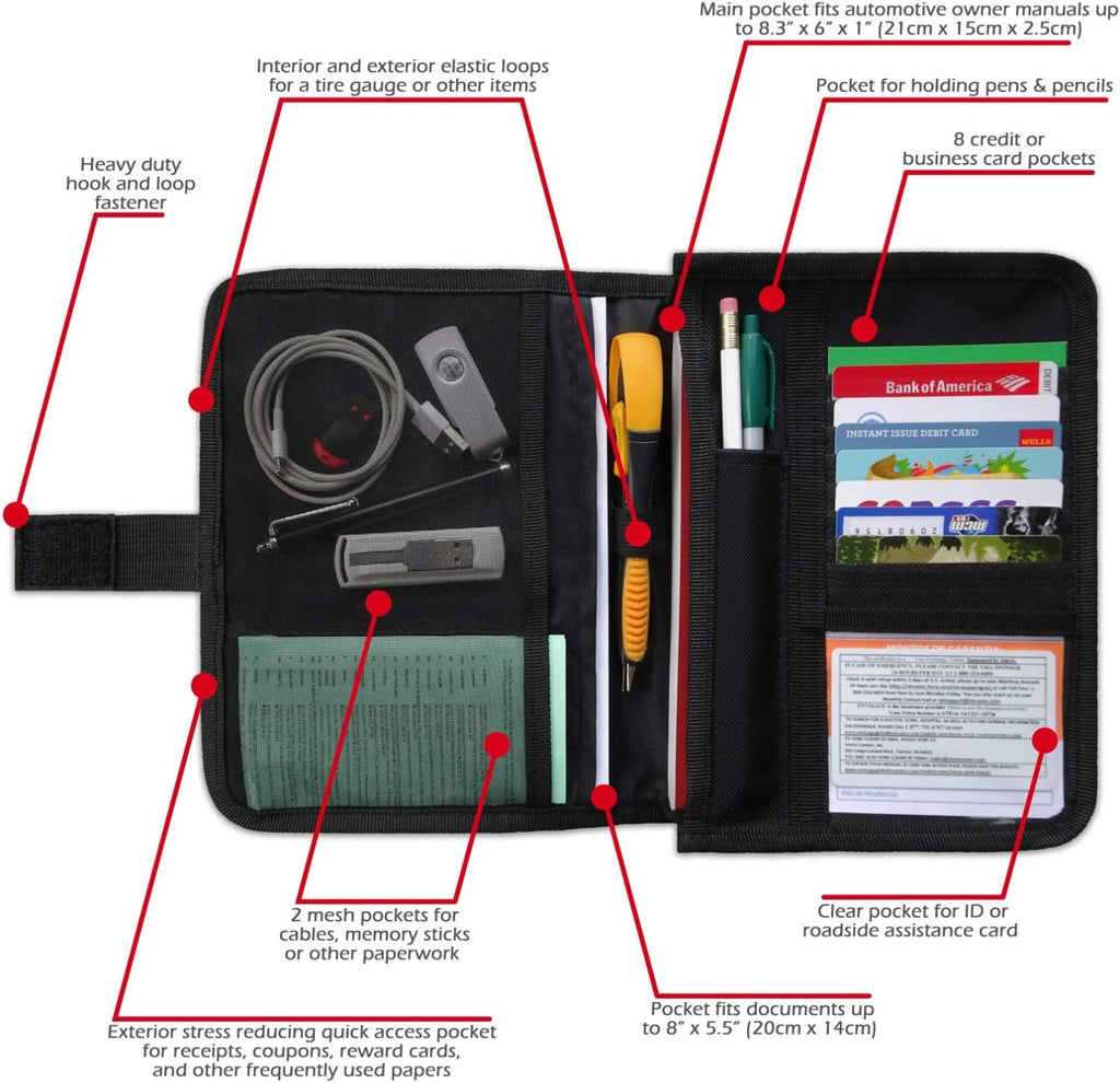 Glove box compartment organizer - car document holder - black | owner manual case pouch, vehicle storage wallet for registration and insurance card, auto paperwork holder, log book included - view 3