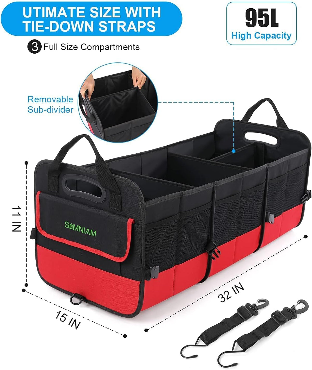 Large Trunk Organizer for Car, Foldable Multi Compartment Car Trunk Organizer with 2 Retractable Straps, Suitable for All Kinds of Cars, SUV, Minivan - 4 Compartments Red - view 3