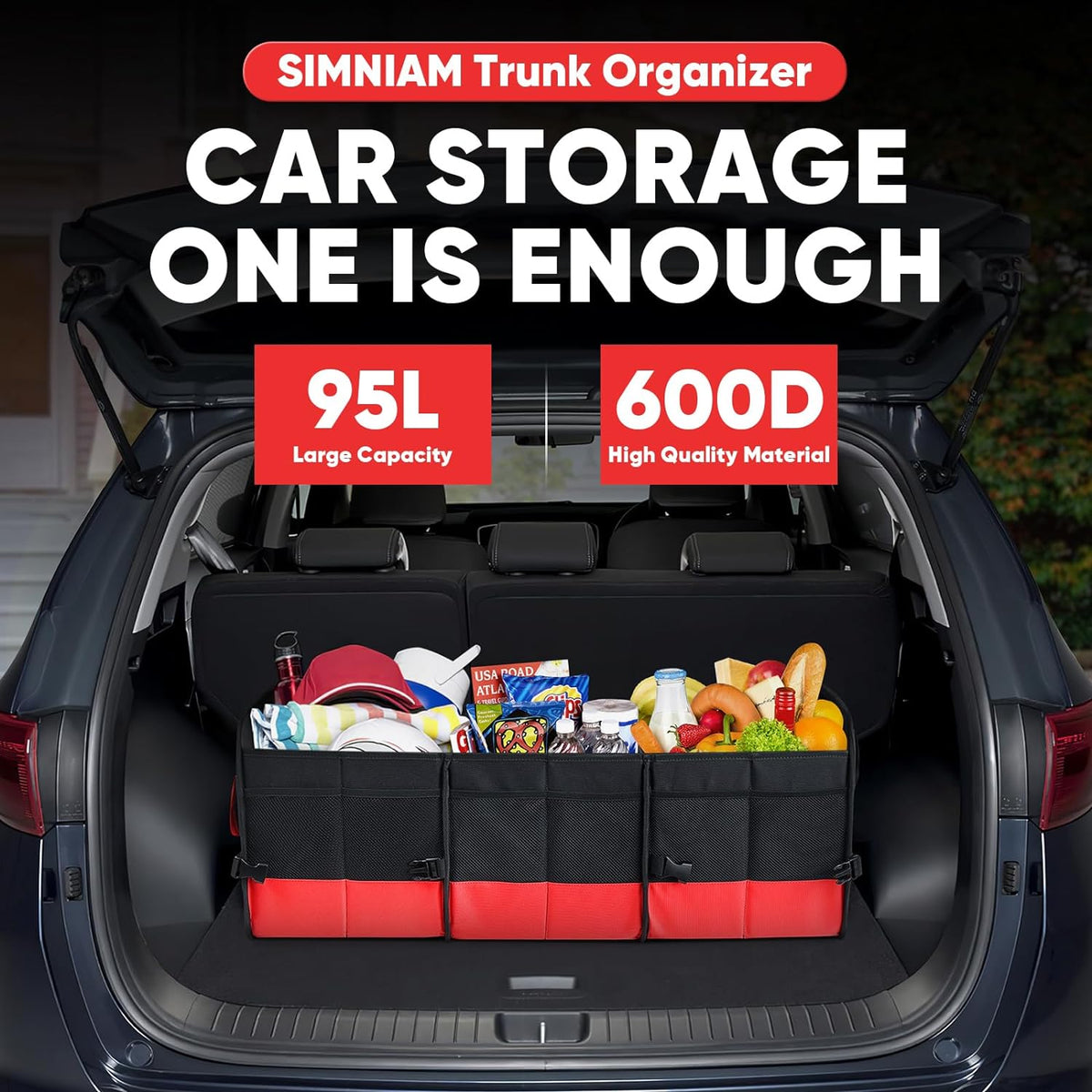 Large Trunk Organizer for Car, Foldable Multi Compartment Car Trunk Organizer with 2 Retractable Straps, Suitable for All Kinds of Cars, SUV, Minivan - 4 Compartments Red - view 2