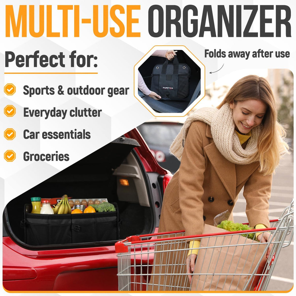 Trunk Organizer For SUV Car Organizer and Storage, Collapsible Multi-Compartment Storage Bag Car Accessories for Women Men, 1680D Oxford, Non Slip Bottom, Adjustable Straps, Soft Cover (65L) - view 5