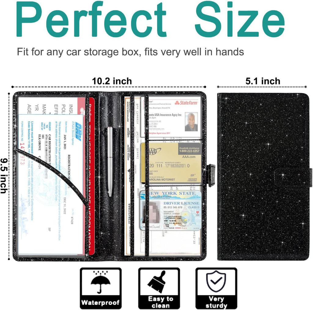 Car Registration and Insurance Holder, Black Glitter | Vehicle Glove Box Organizer Cool Car Accessories, Auto Truck Document Holder for Cards, Driver License - view 3