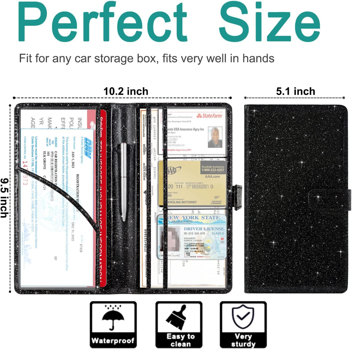 Car Registration and Insurance Holder, Black Glitter | Vehicle Glove Box Organizer Cool Car Accessories, Auto Truck Document Holder for Cards, Driver License - view 3