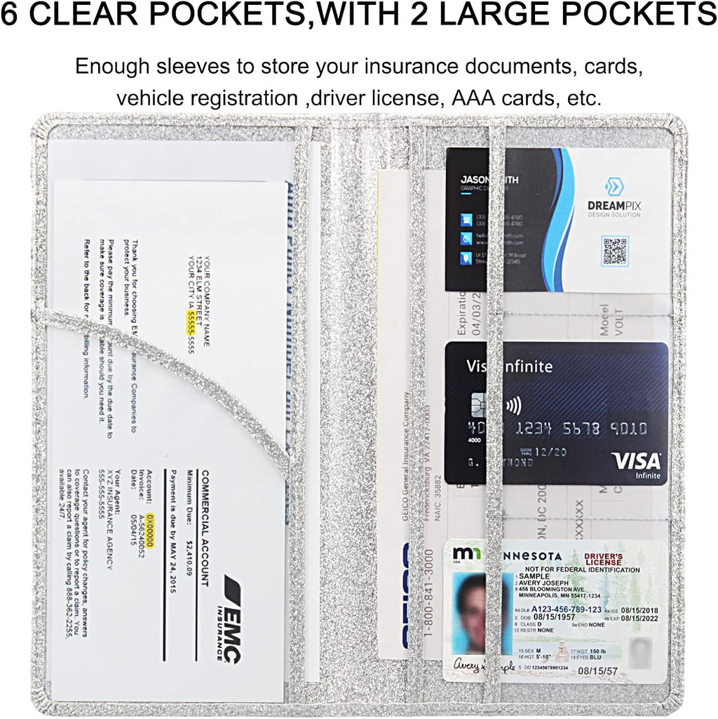 Car registration and insurance holder, premium leather insurance and registration holder, vehicle glove box car organizer, with magnetic shut for cards, driver license (glitter silver) - view 4
