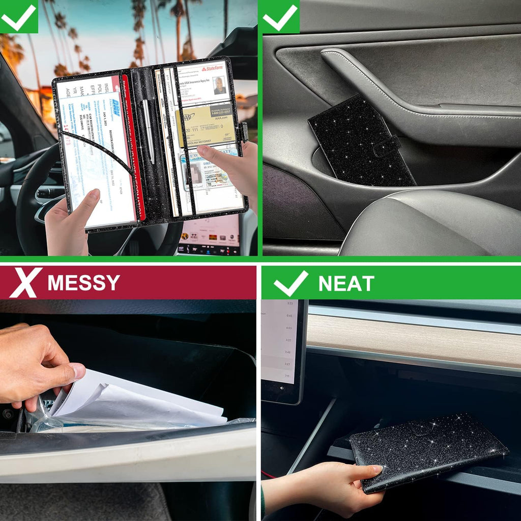 Car Registration and Insurance Holder, Black Glitter | Vehicle Glove Box Organizer Cool Car Accessories, Auto Truck Document Holder for Cards, Driver License - view 6