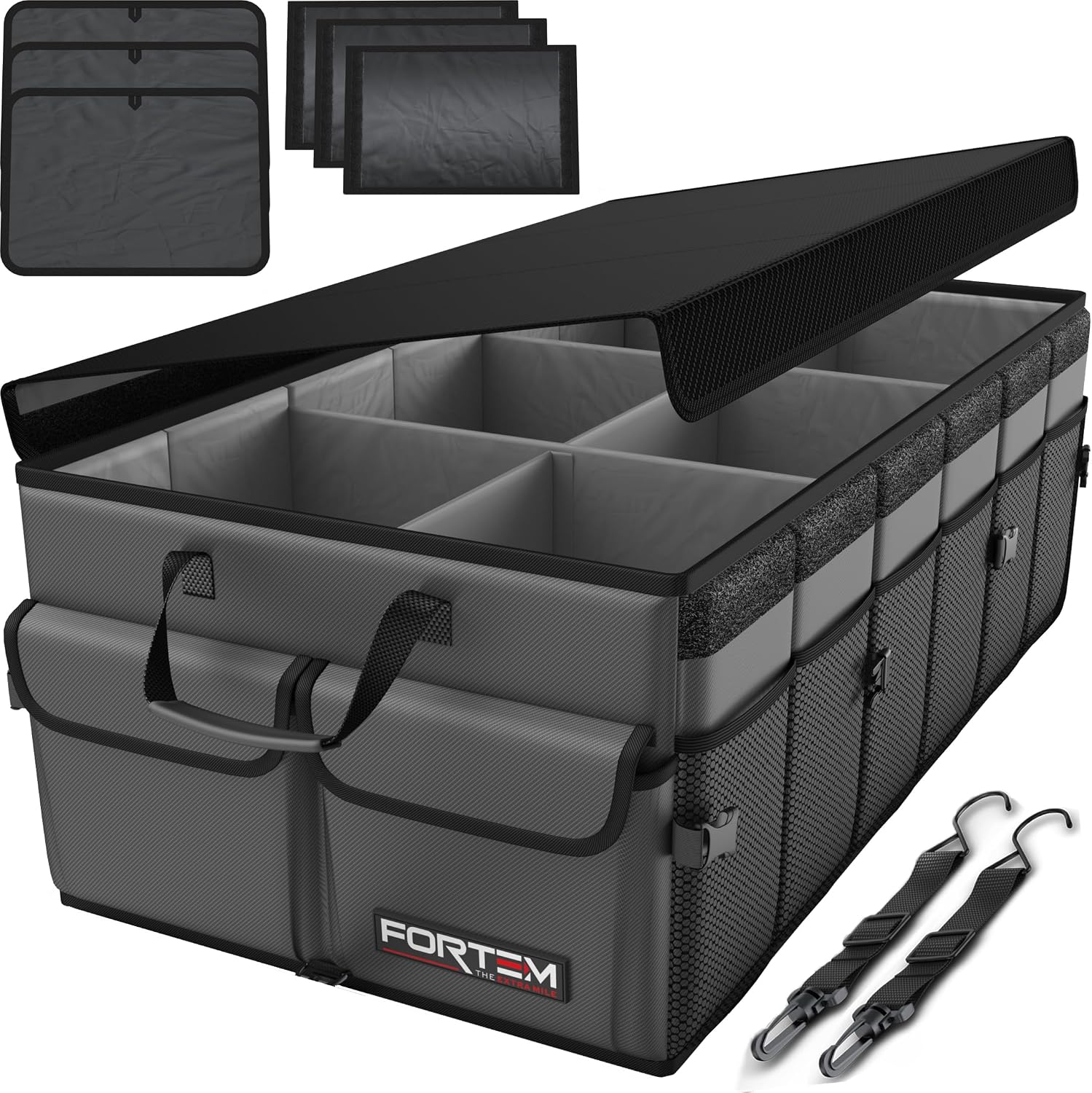 Trunk Organizer - Foldable Car Organizer & Storage for SUVs & Trucks | Car Accessories for Men Women, Collapsible Bag, Non Slip Bottom, Straps, Soft Cover, 600D Oxford, Grey, 6 Compartments, 85L