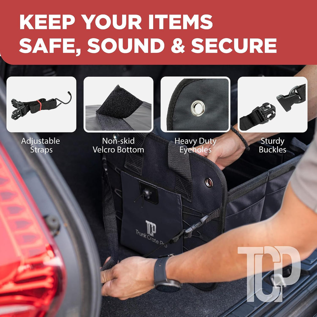 Car trunk organizer for SUV & truck cargo storage, large, black, fits cars, SUVs & trucks, 4 adjustable compartments, non-slip base & straps, foldable, 11 pockets - view 7