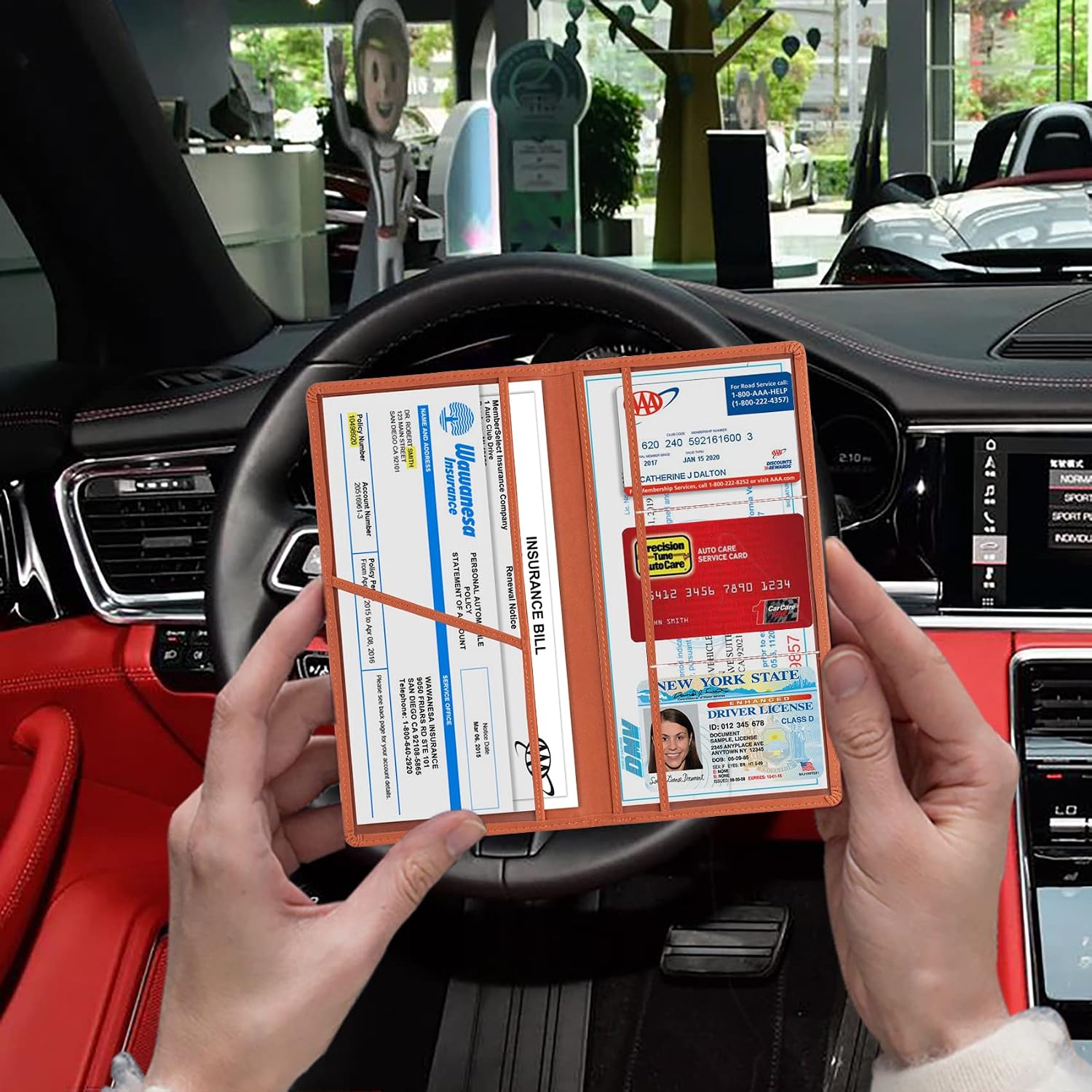 Car Registration & Insurance Card Holder, Brown | Vehicle License Document Organizer, Glove Box Compartment, Interior Car Accessories, For Women Men - view 5