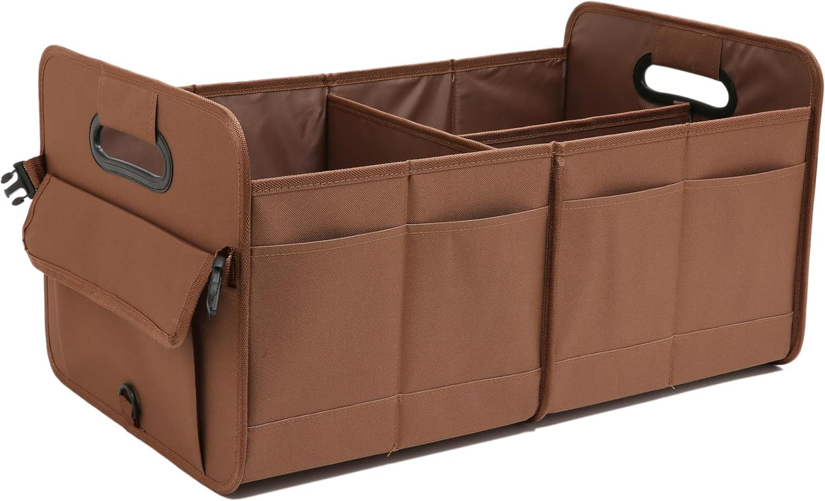 Car trunk organizer, brown, foldable, non-slip, adjustable, multiple compartments, 600D oxford cloth material