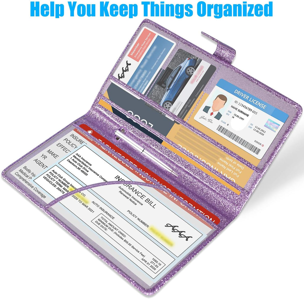 Car Registration and Insurance Holder, Leather Vehicle Card Document Glove Box Organizer, Auto Truck Compartment Accessories for Essential Information, Driver License Cards, Glitter Purple - view 3