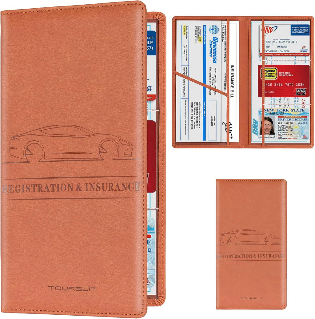 Car Registration & Insurance Card Holder, Brown | Vehicle License Document Organizer, Glove Box Compartment, Interior Car Accessories, For Women Men
