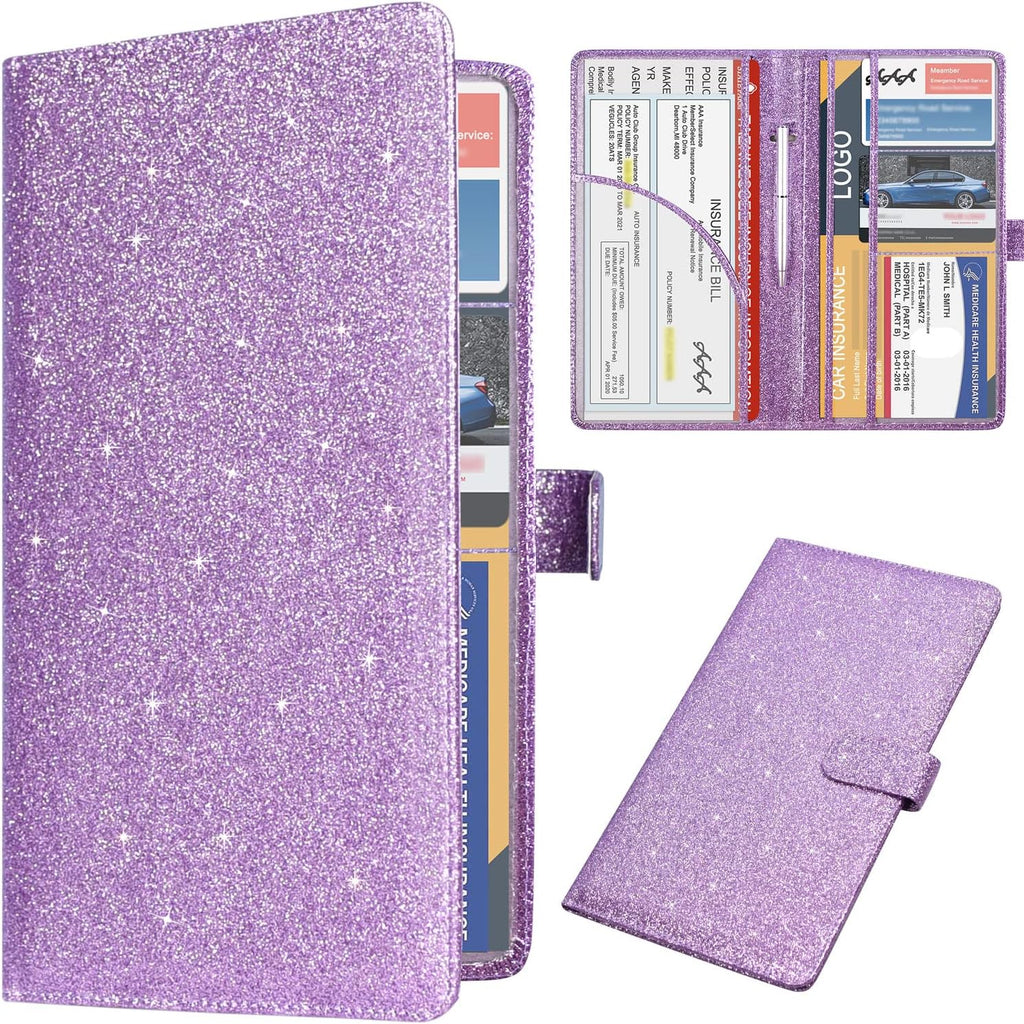 Car Registration and Insurance Holder, Leather Vehicle Card Document Glove Box Organizer, Auto Truck Compartment Accessories for Essential Information, Driver License Cards, Glitter Purple
