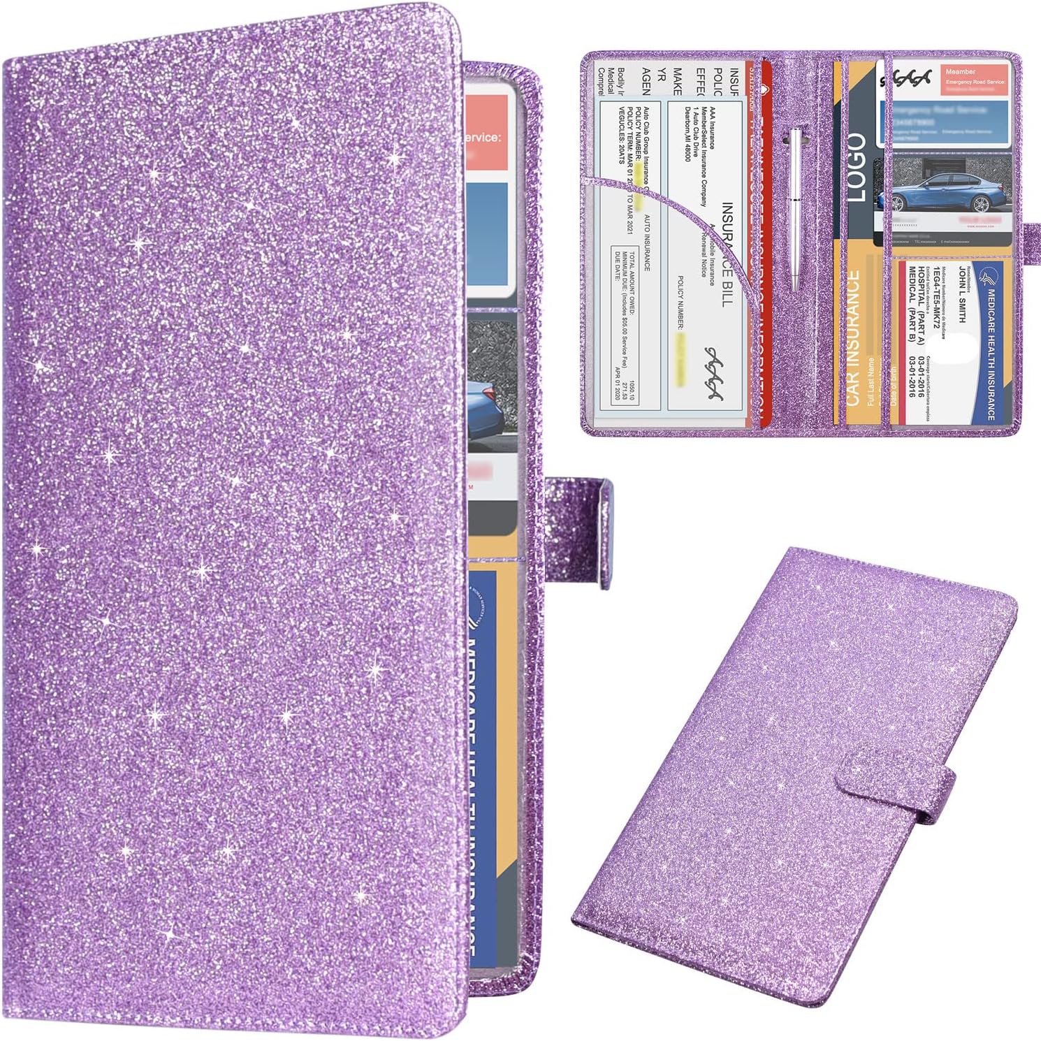 Car Registration and Insurance Holder, Leather Vehicle Card Document Glove Box Organizer, Auto Truck Compartment Accessories for Essential Information, Driver License Cards, Glitter Purple