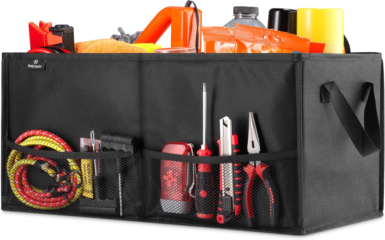 Car Trunk Organizer – Large 2 Compartment Storage Bin with Non-Slip Fastener, Mesh Side Pockets & Heavy-Duty Handles, 22 x 10 x 11 in, Black – Prevents Shifting & Rolling - view 6