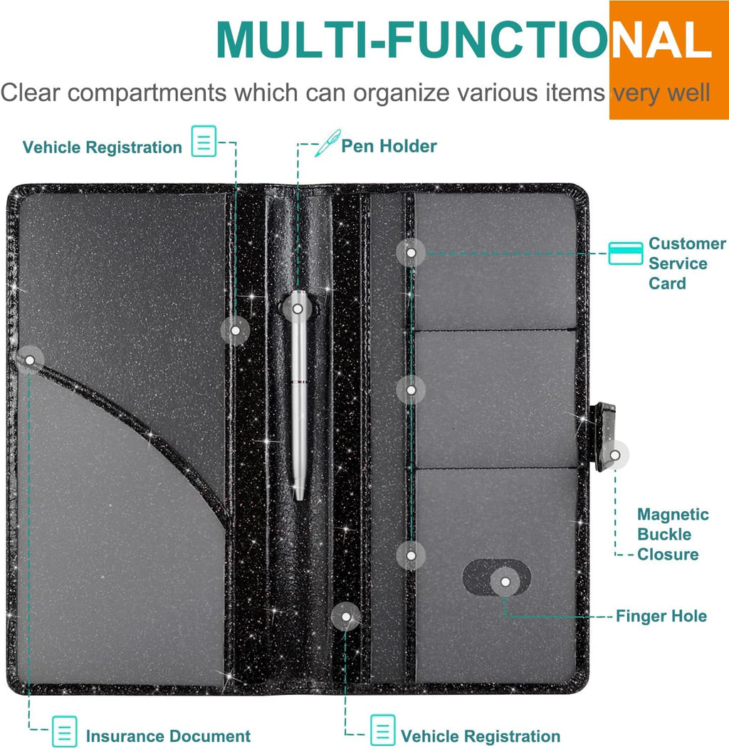 Car Registration and Insurance Holder, Black Glitter | Vehicle Glove Box Organizer Cool Car Accessories, Auto Truck Document Holder for Cards, Driver License - view 2