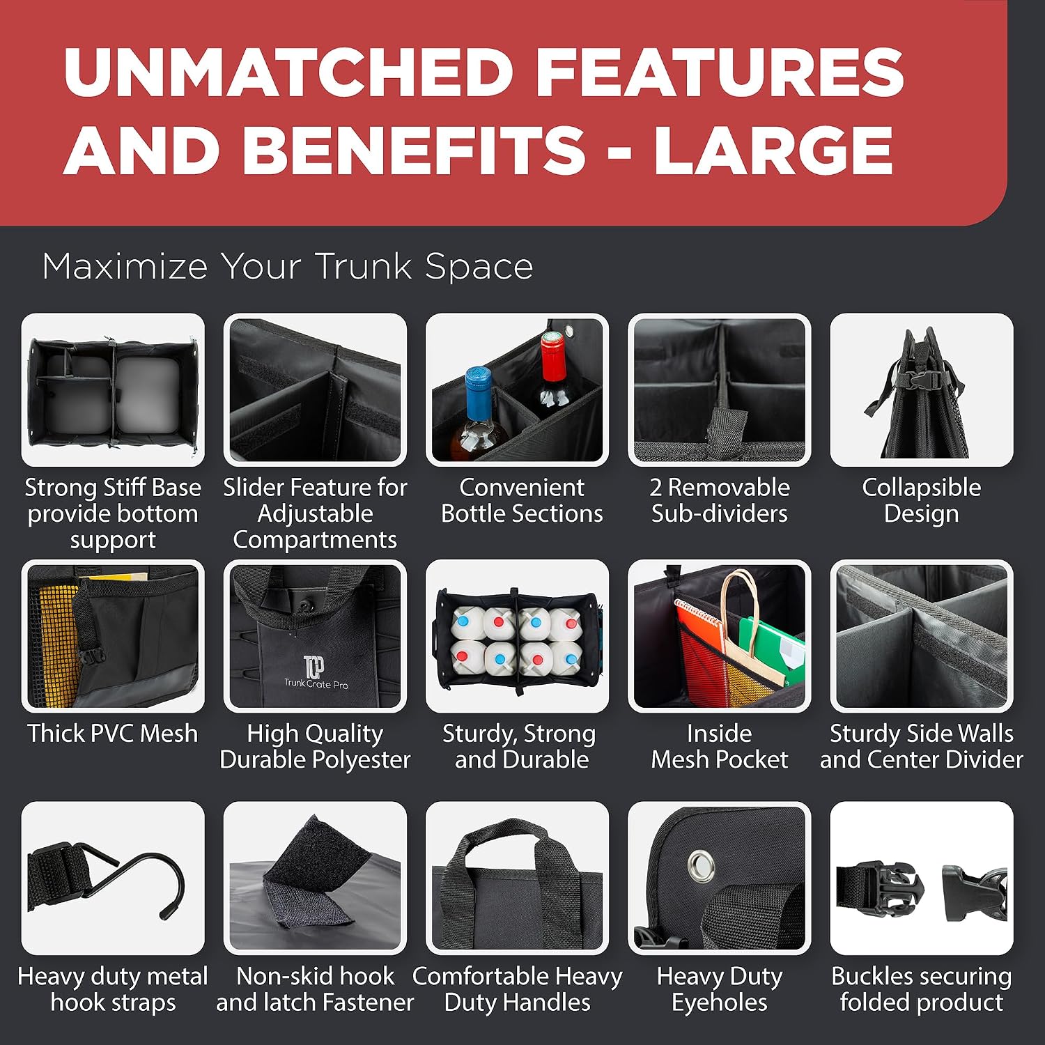 Car trunk organizer for SUV & truck cargo storage, large, black, fits cars, SUVs & trucks, 4 adjustable compartments, non-slip base & straps, foldable, 11 pockets - view 4