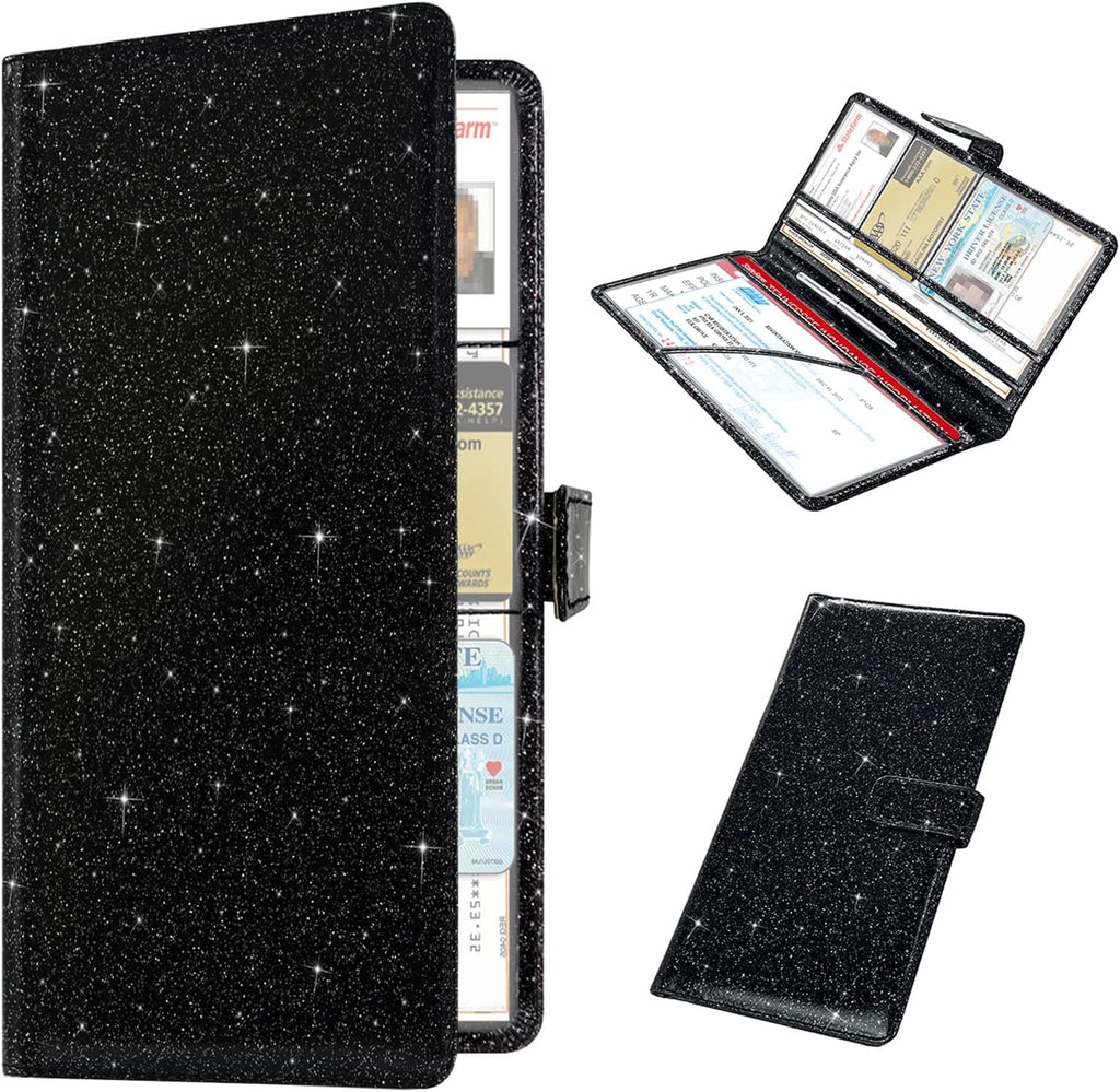 Car Registration and Insurance Holder, Black Glitter | Vehicle Glove Box Organizer Cool Car Accessories, Auto Truck Document Holder for Cards, Driver License