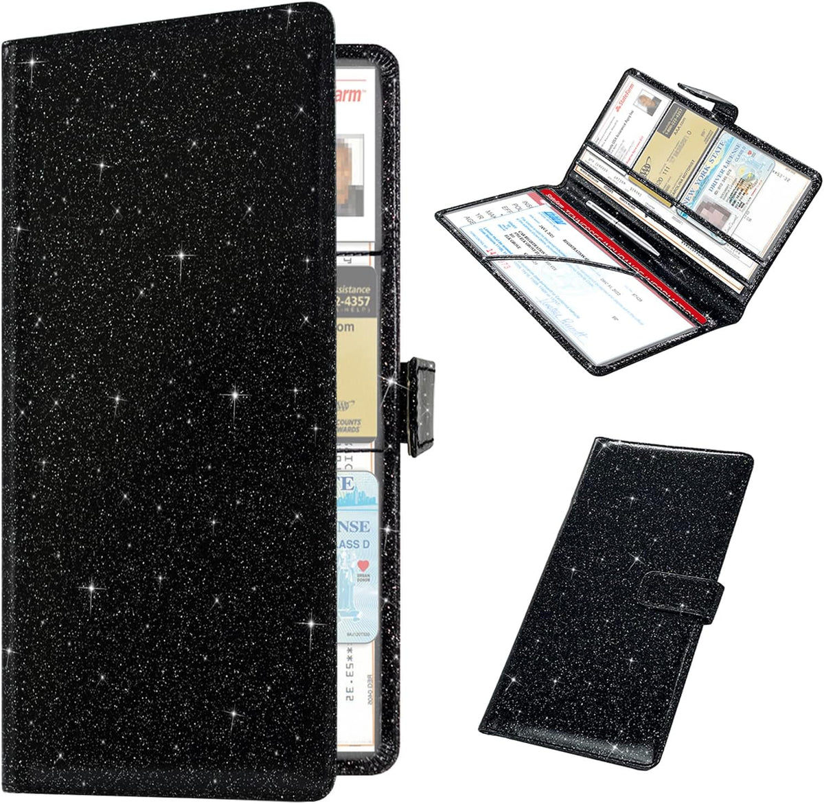 Car Registration and Insurance Holder, Black Glitter | Vehicle Glove Box Organizer Cool Car Accessories, Auto Truck Document Holder for Cards, Driver License
