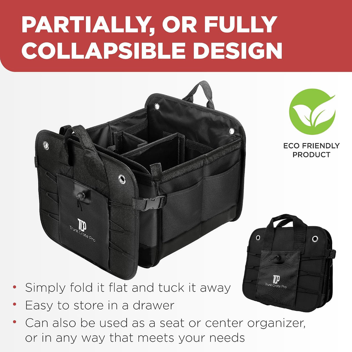 Car trunk organizer for SUV & truck cargo storage, large, black, fits cars, SUVs & trucks, 4 adjustable compartments, non-slip base & straps, foldable, 11 pockets - view 5