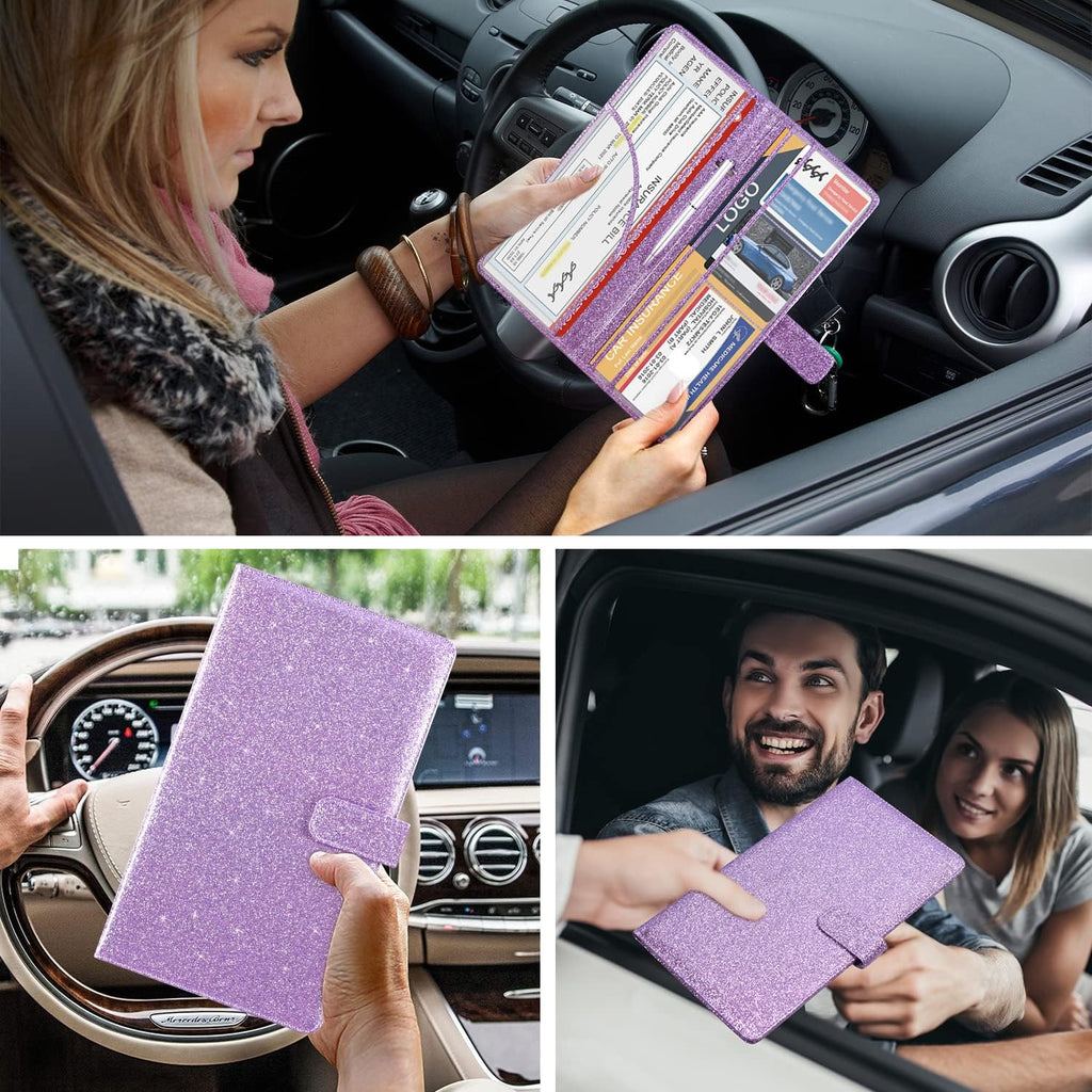 Car Registration and Insurance Holder, Leather Vehicle Card Document Glove Box Organizer, Auto Truck Compartment Accessories for Essential Information, Driver License Cards, Glitter Purple - view 5