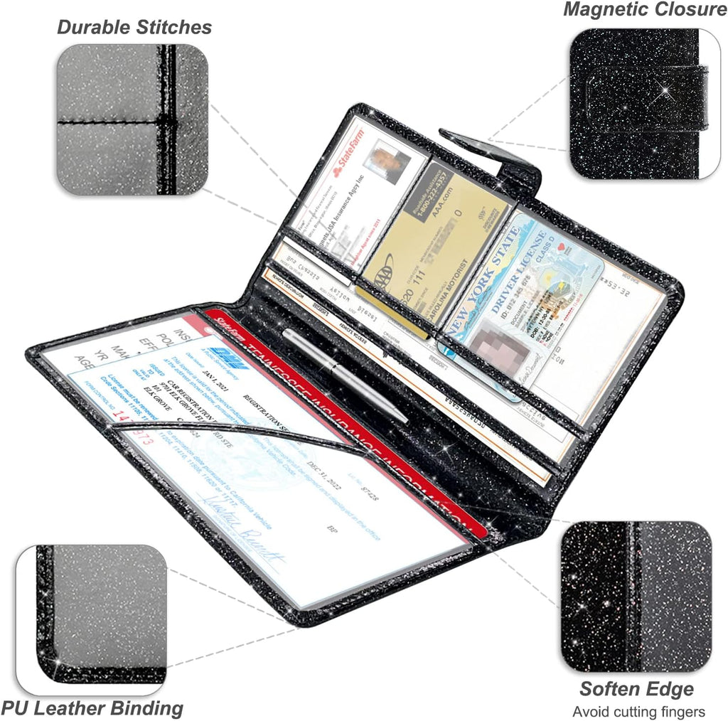 Car Registration and Insurance Holder, Black Glitter | Vehicle Glove Box Organizer Cool Car Accessories, Auto Truck Document Holder for Cards, Driver License - view 5