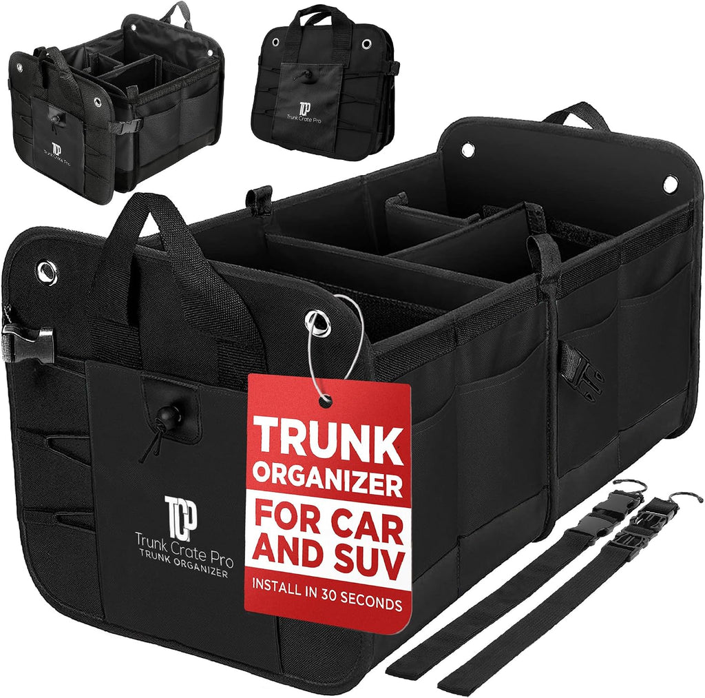 Car trunk organizer for SUV & truck cargo storage, large, black, fits cars, SUVs & trucks, 4 adjustable compartments, non-slip base & straps, foldable, 11 pockets