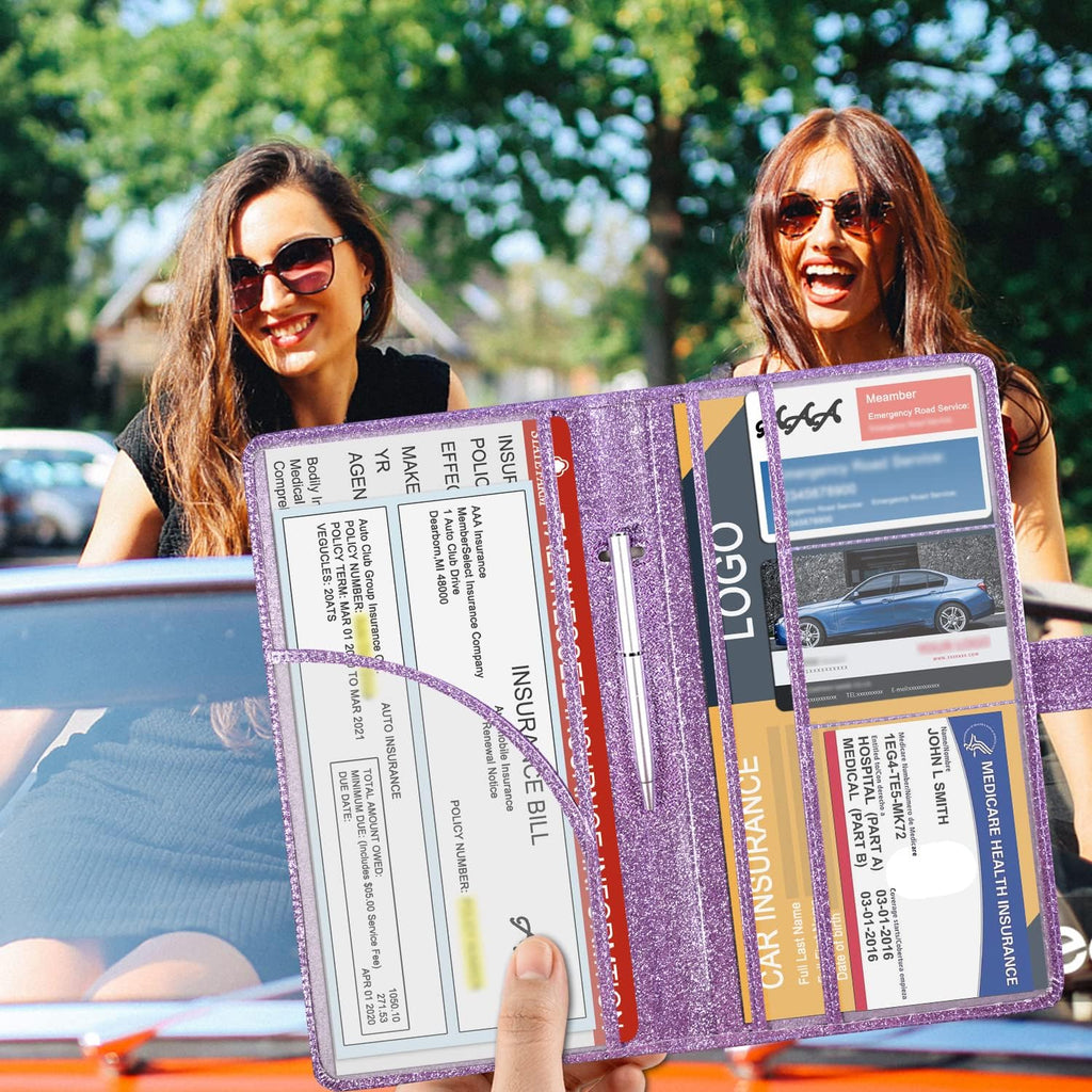Car Registration and Insurance Holder, Leather Vehicle Card Document Glove Box Organizer, Auto Truck Compartment Accessories for Essential Information, Driver License Cards, Glitter Purple - view 2