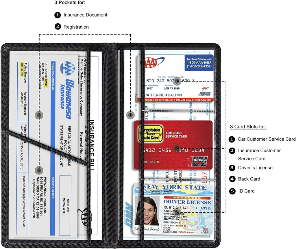 Car Registration & Insurance Card Holder, Carbon Fiber Black | Vehicle License Document Organizer, Glove Box Compartment, Interior Car Accessories, For Women Men - view 2
