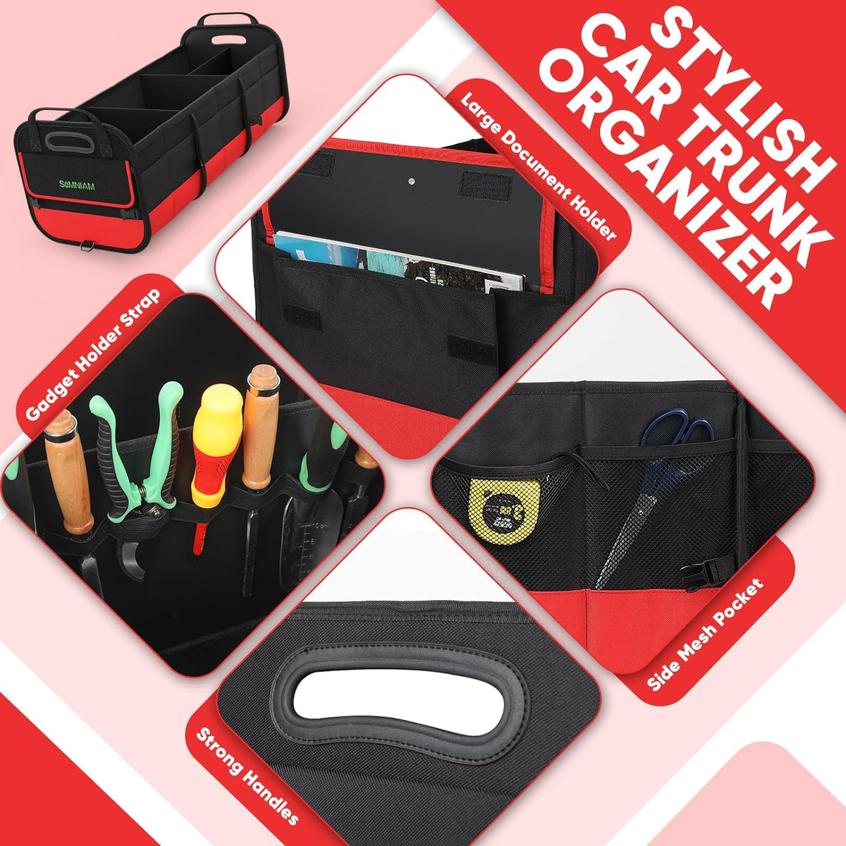 Large Trunk Organizer for Car, Foldable Multi Compartment Car Trunk Organizer with 2 Retractable Straps, Suitable for All Kinds of Cars, SUV, Minivan - 4 Compartments Red - view 8