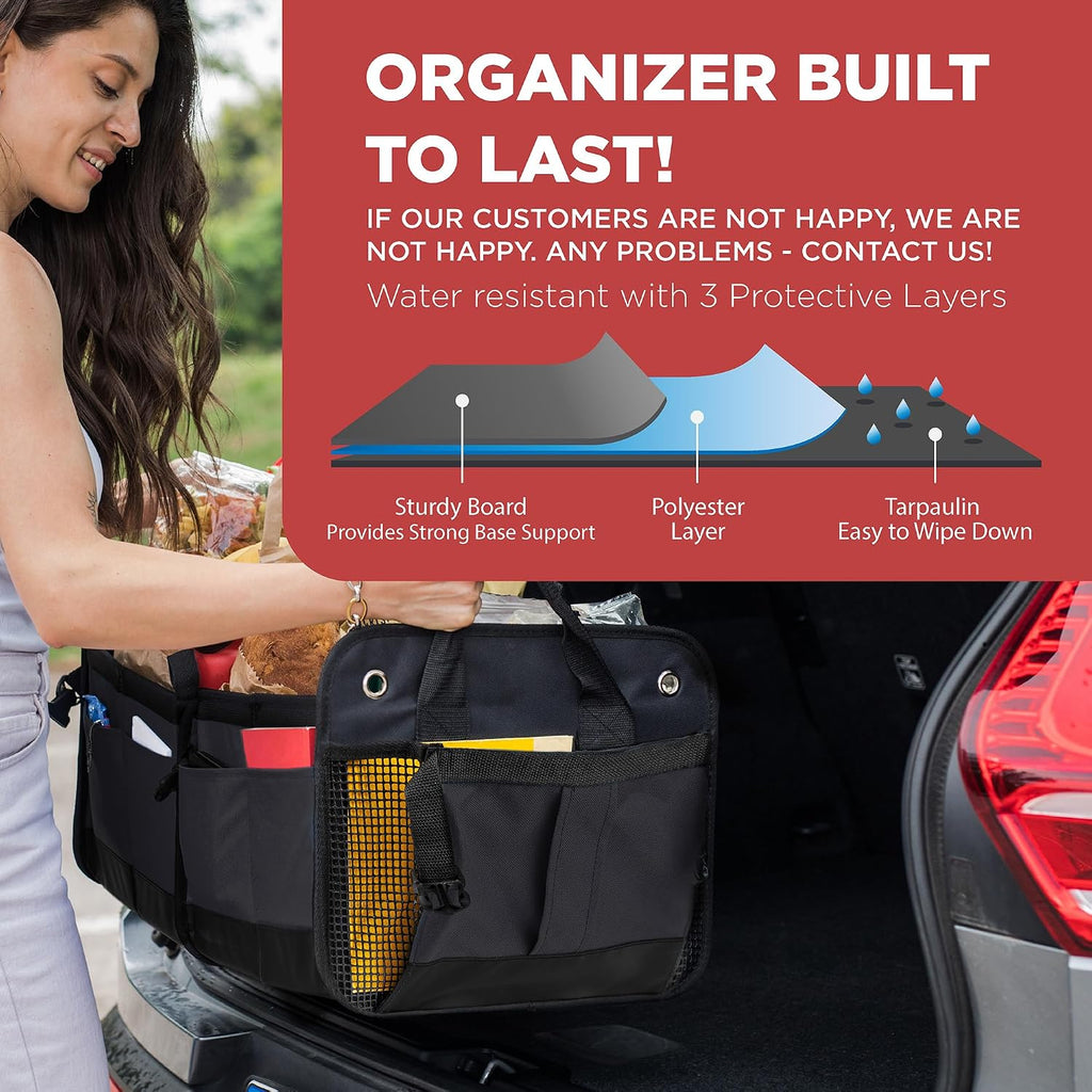Car trunk organizer for SUV & truck cargo storage, large, black, fits cars, SUVs & trucks, 4 adjustable compartments, non-slip base & straps, foldable, 11 pockets - view 3