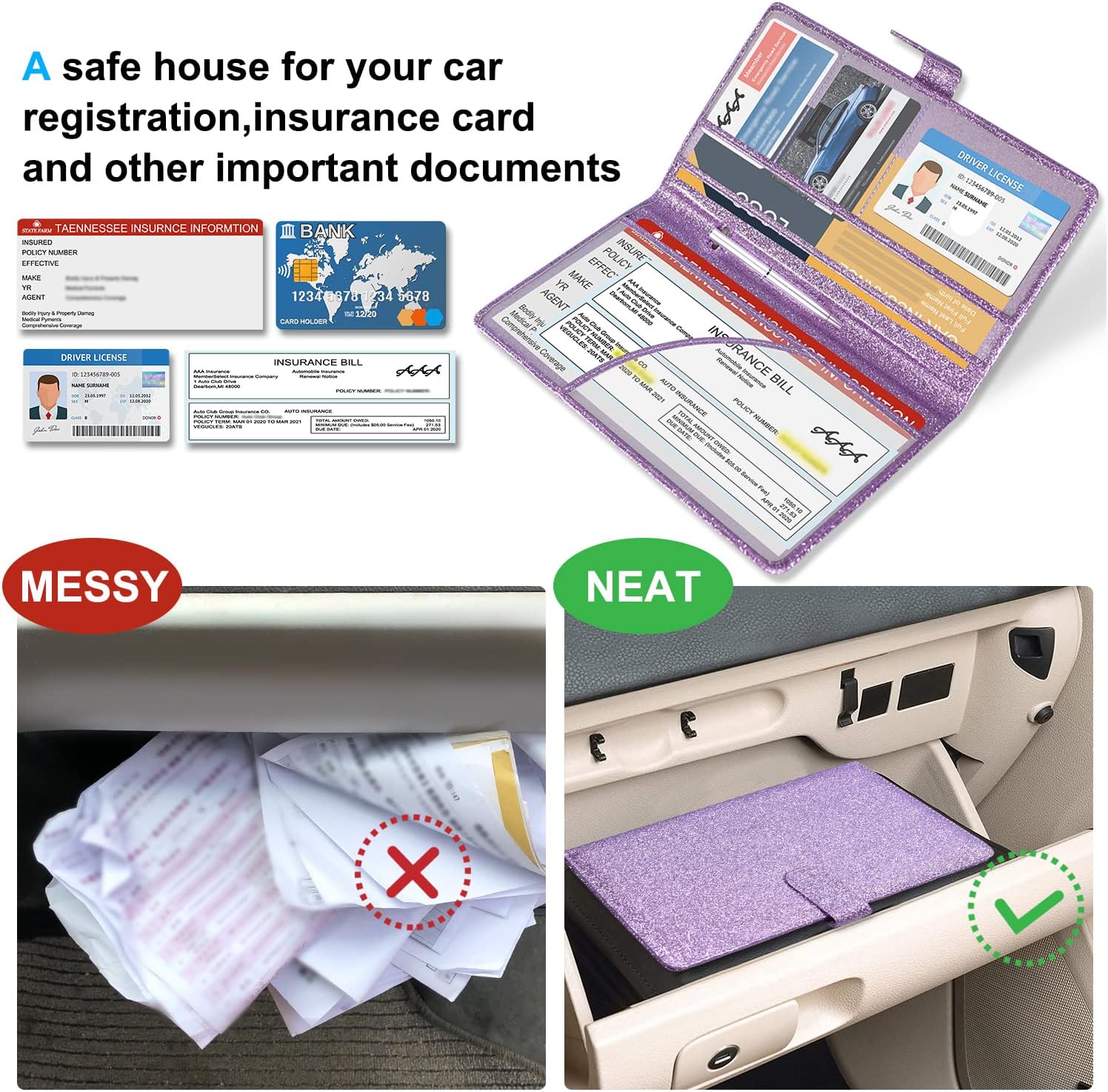 Car Registration and Insurance Holder, Leather Vehicle Card Document Glove Box Organizer, Auto Truck Compartment Accessories for Essential Information, Driver License Cards, Glitter Purple - view 4
