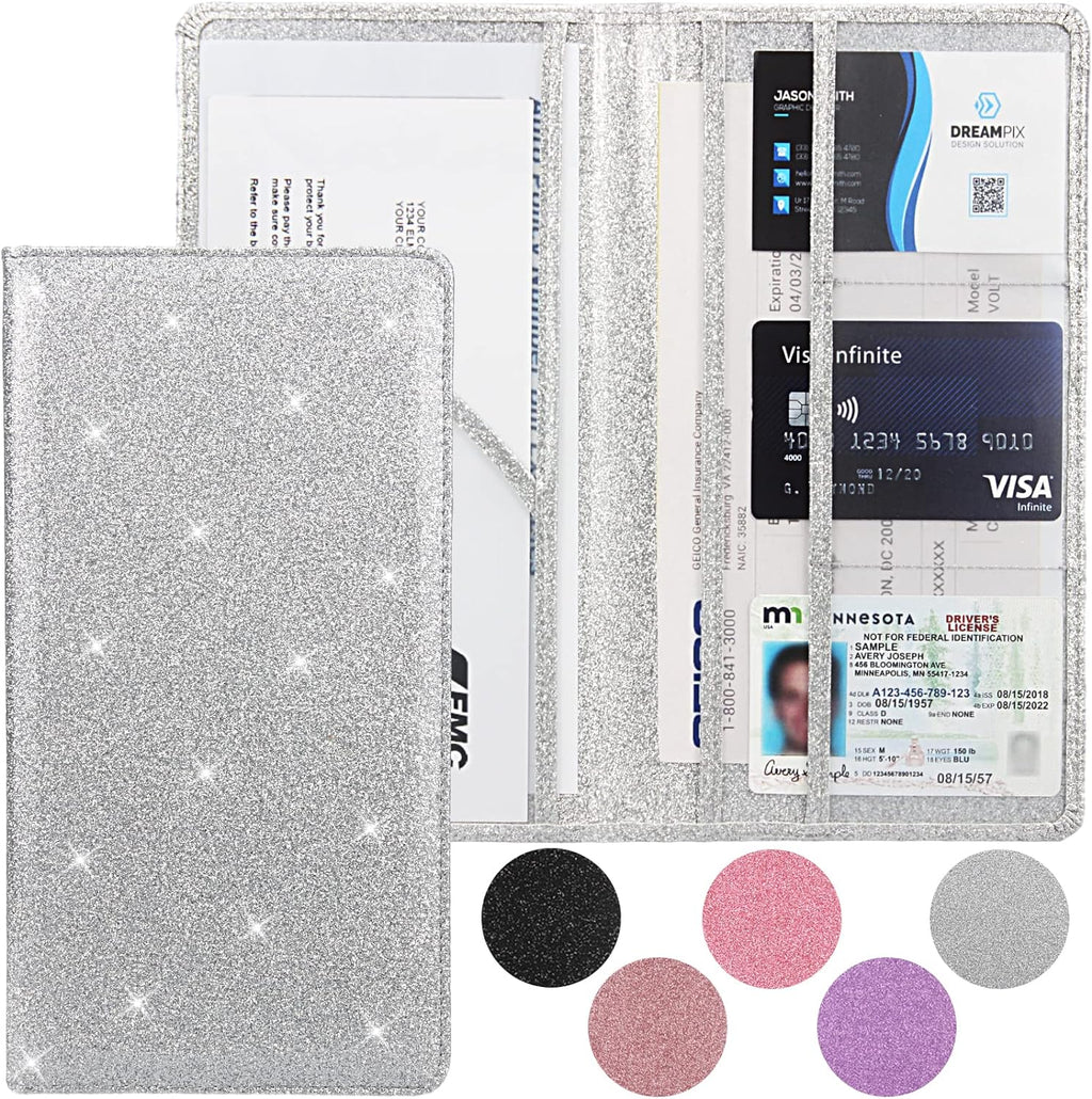 Car registration and insurance holder, premium leather insurance and registration holder, vehicle glove box car organizer, with magnetic shut for cards, driver license (glitter silver)