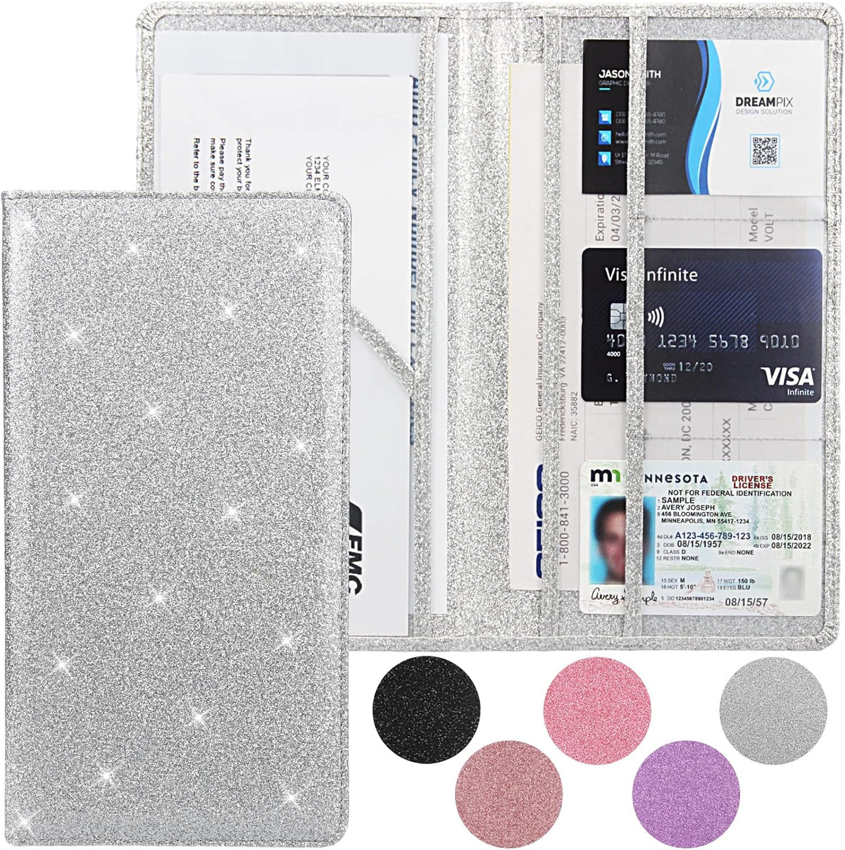 Car registration and insurance holder, premium leather insurance and registration holder, vehicle glove box car organizer, with magnetic shut for cards, driver license (glitter silver)