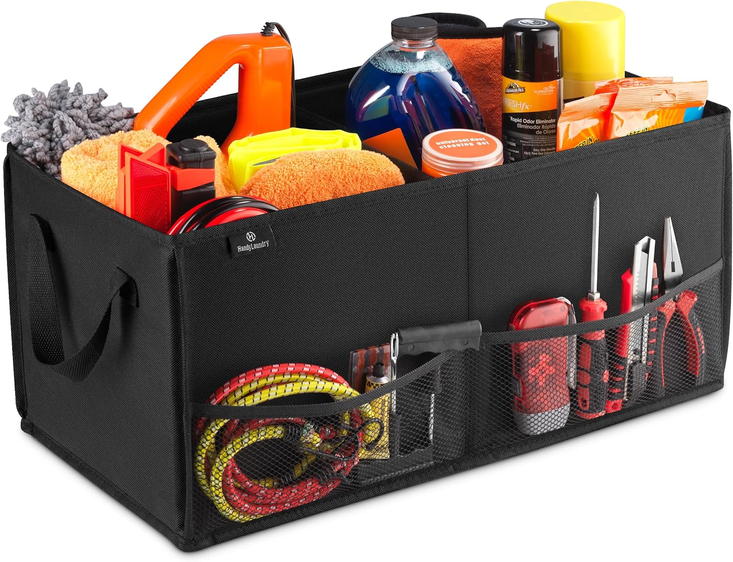 Car Trunk Organizer – Large 2 Compartment Storage Bin with Non-Slip Fastener, Mesh Side Pockets & Heavy-Duty Handles, 22 x 10 x 11 in, Black – Prevents Shifting & Rolling