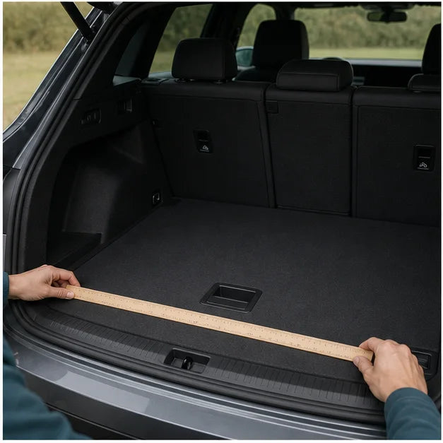 Hands measuring the usable width of an unbranded vehicle trunk