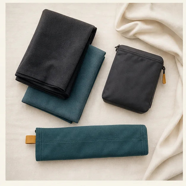 Folded charcoal and utility-blue textiles with soft pouches and a tool sleeve