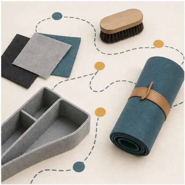 A brush, cloths, soft organizer, and tool roll arranged along a simple reset route